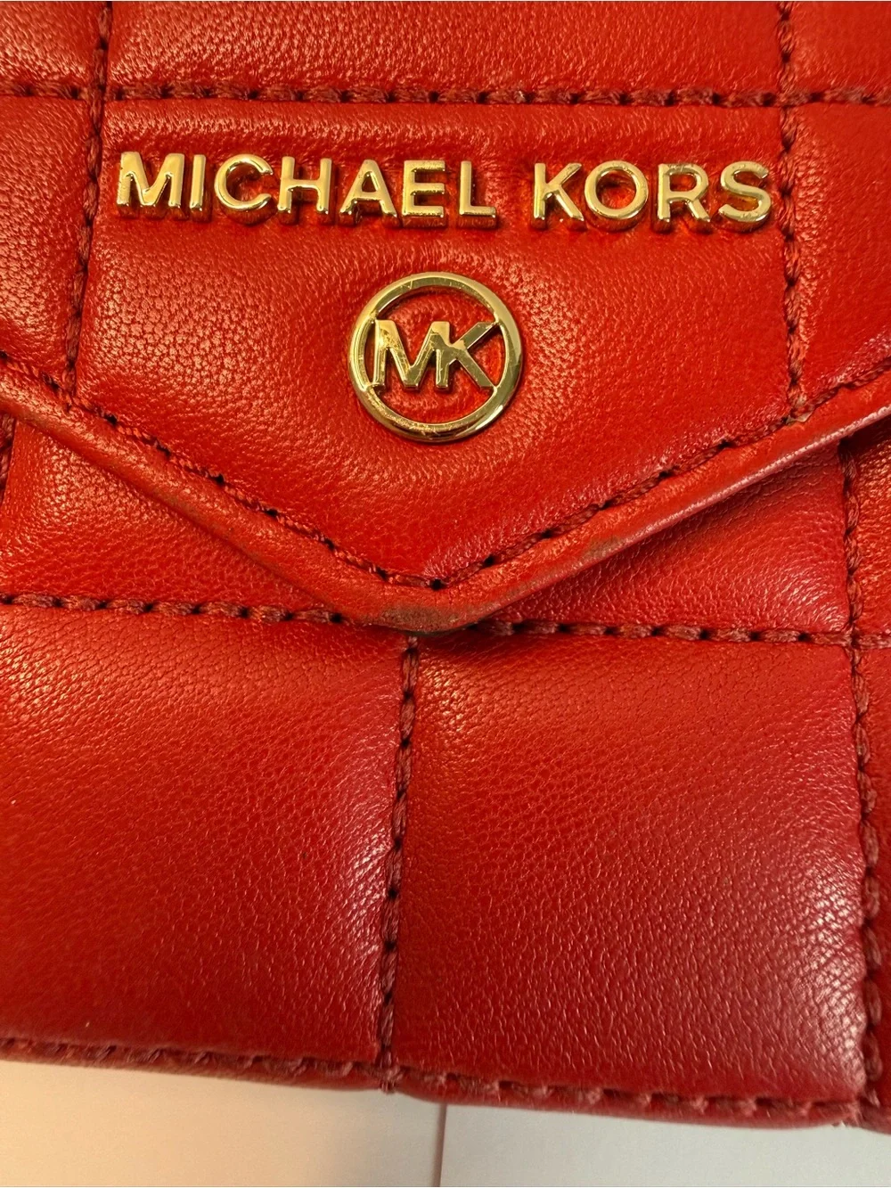 Michael Kors Red Quilted Leather Trifold Wallet Gold Hardware